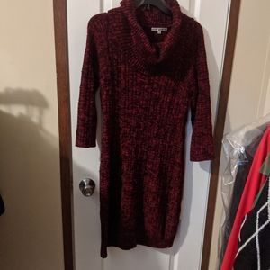 Sandra Darren Red and Black Cowl Neck Fitted Sweater Midi Dress Long Sleeve MP